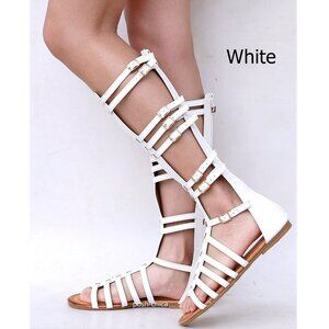 New White Strappy Knee High Gladiator Sandals